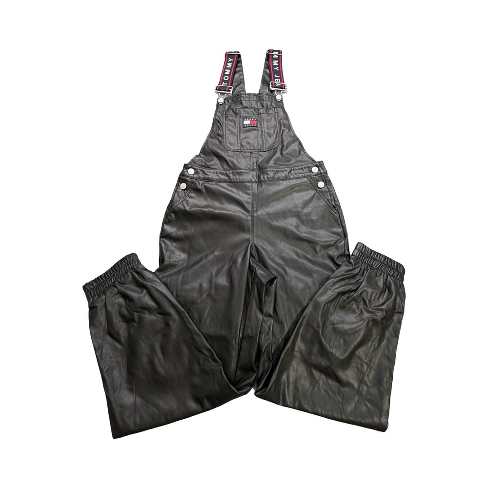 Tommy Jeans Overalls Womens 27 Black Faux Leather Logo Strap Jogger Streetwear